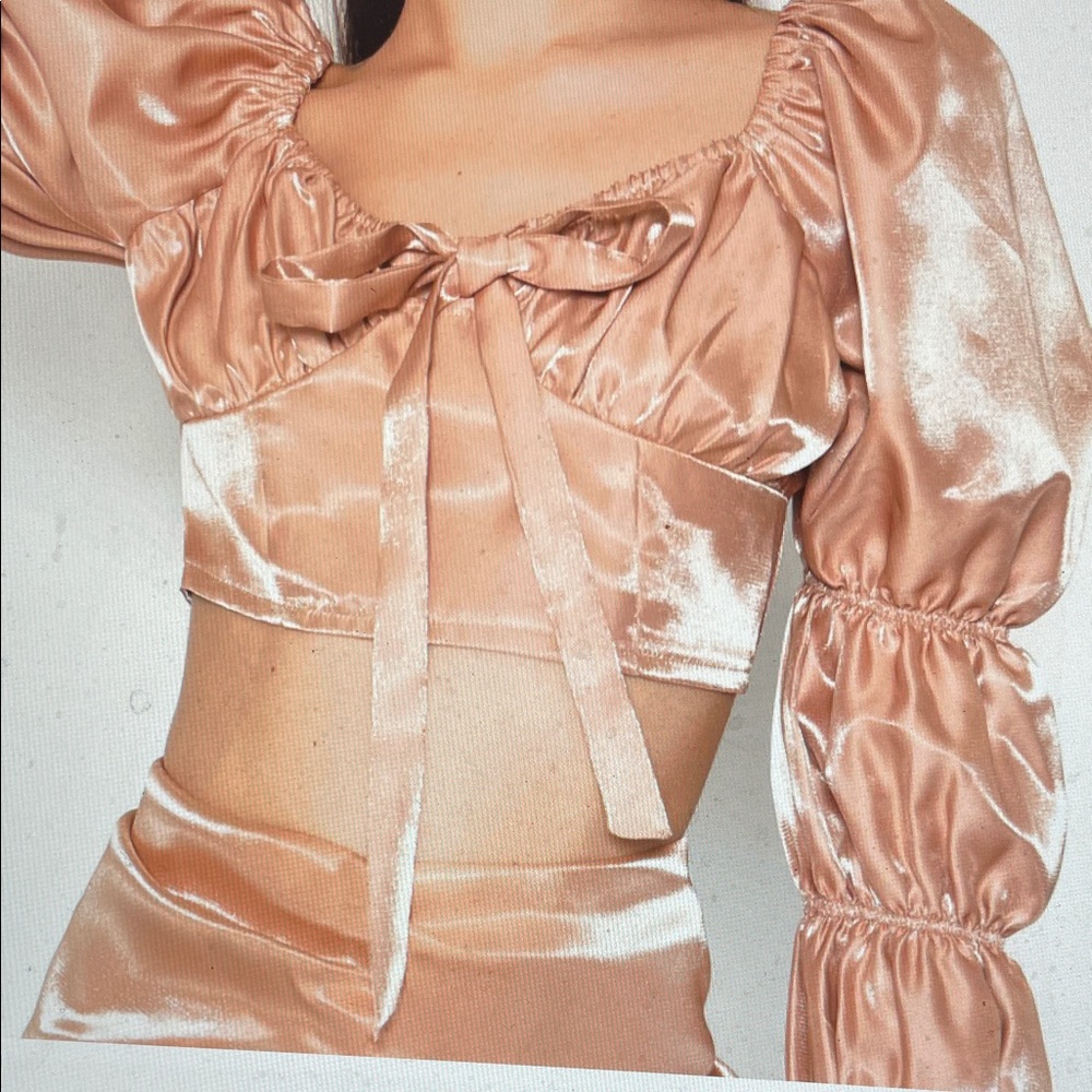 Glamorous nude Satin shimmer Puff Sleeve Crop Top with bow tie bust